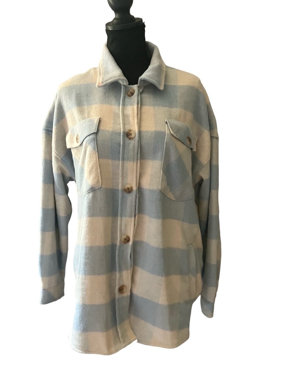 Kensie Jeans Plush Striped Shacket in Light Blue and Cream Size M